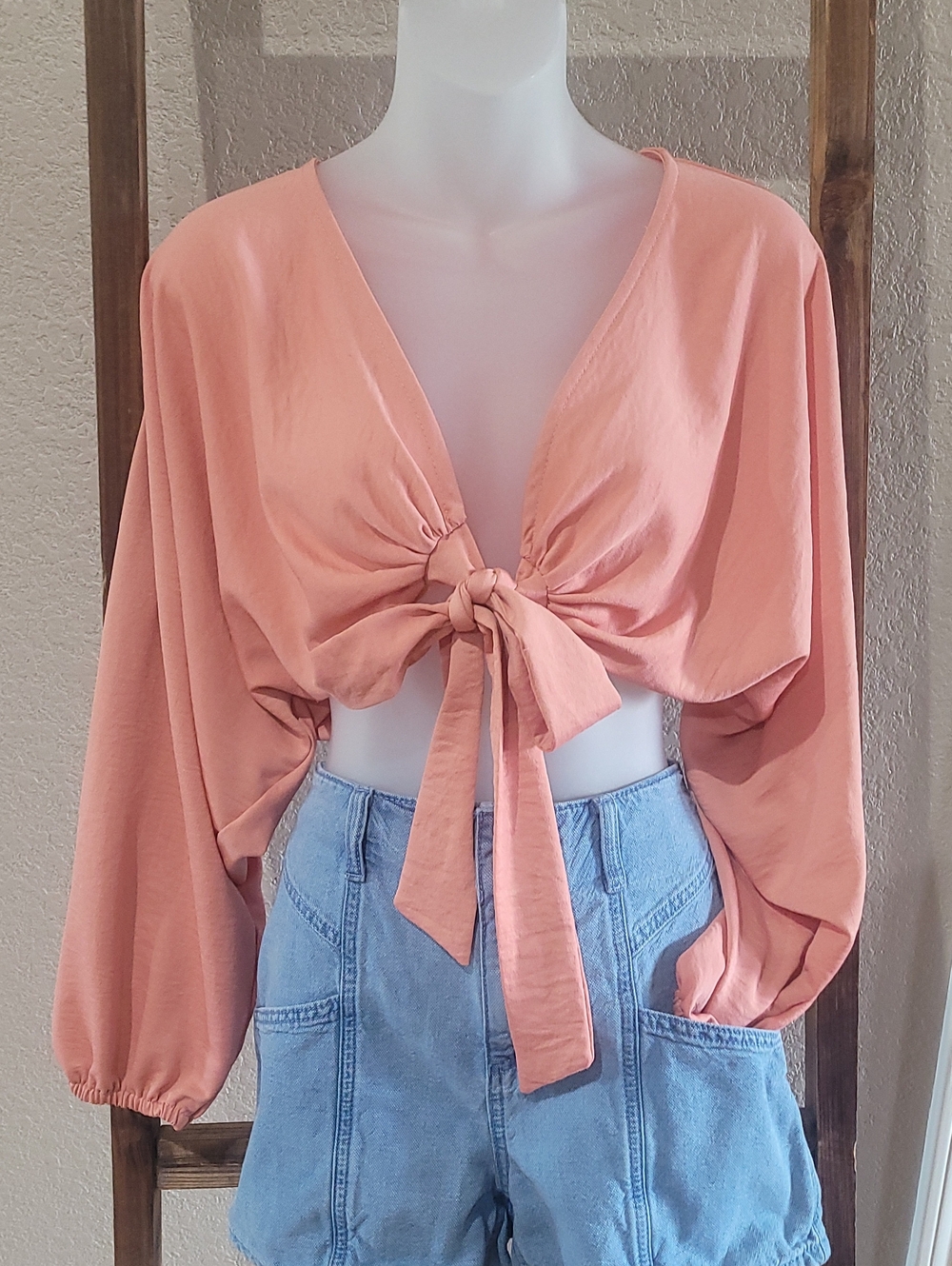 American Threads Peach Tie-Front Cropped Blouse